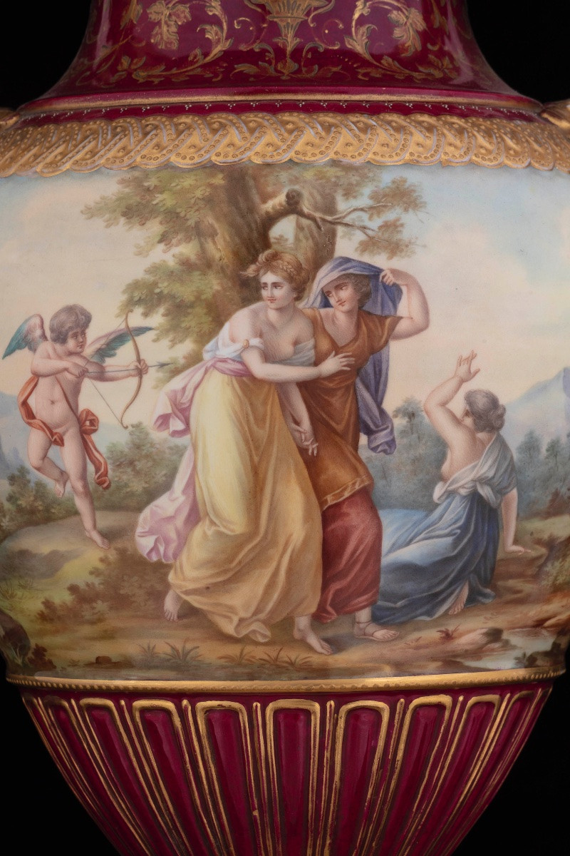 Coppia di grandi vasi in porcellana policroma, Manifattura viennese-photo-8