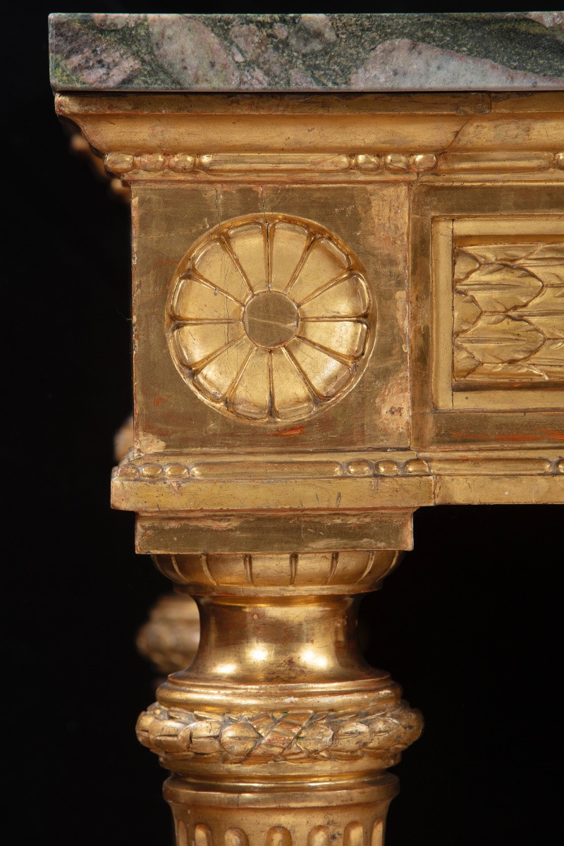 Coppia di consolles in legno dorato e scolpito con piano in granito, Epoca Luigi XVI-photo-1