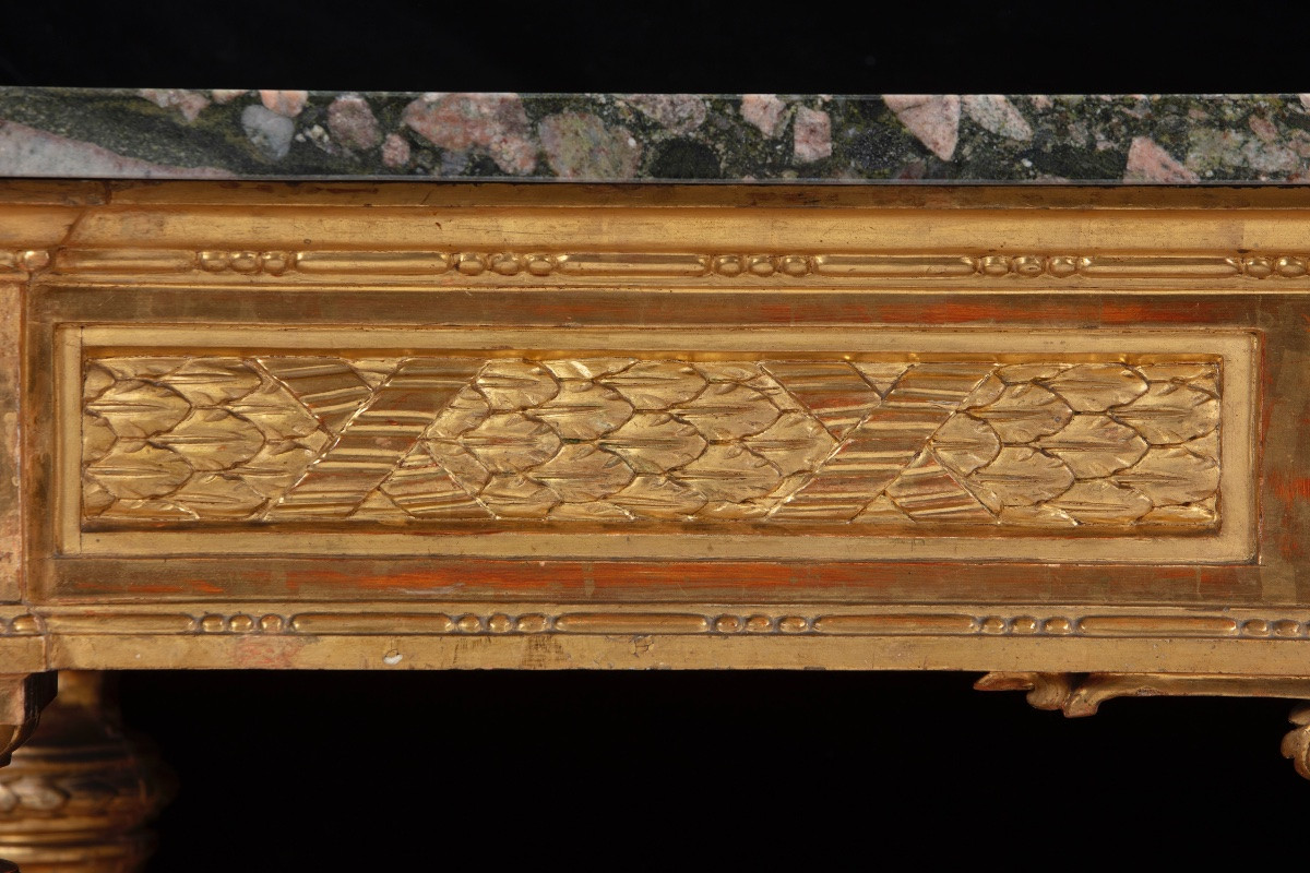 Coppia di consolles in legno dorato e scolpito con piano in granito, Epoca Luigi XVI-photo-2