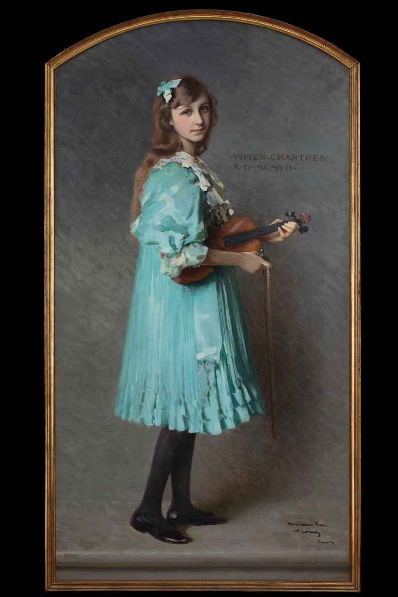 Vittorio Matteo Corcos (Livorno 1859 – 1933), “Ritratto di Vivien Chartres con il suo violino”