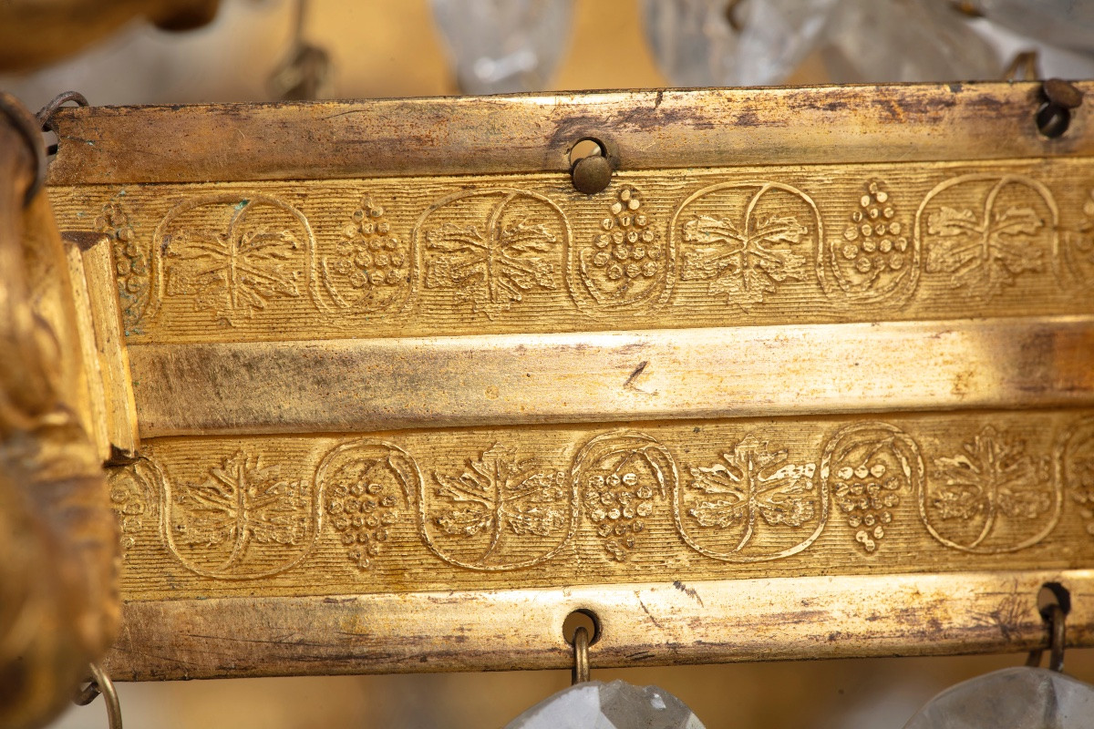 Coppia di appliques a mongolfiera in cristallo e bronzo dorato e cesellato a cinque bracci-photo-4