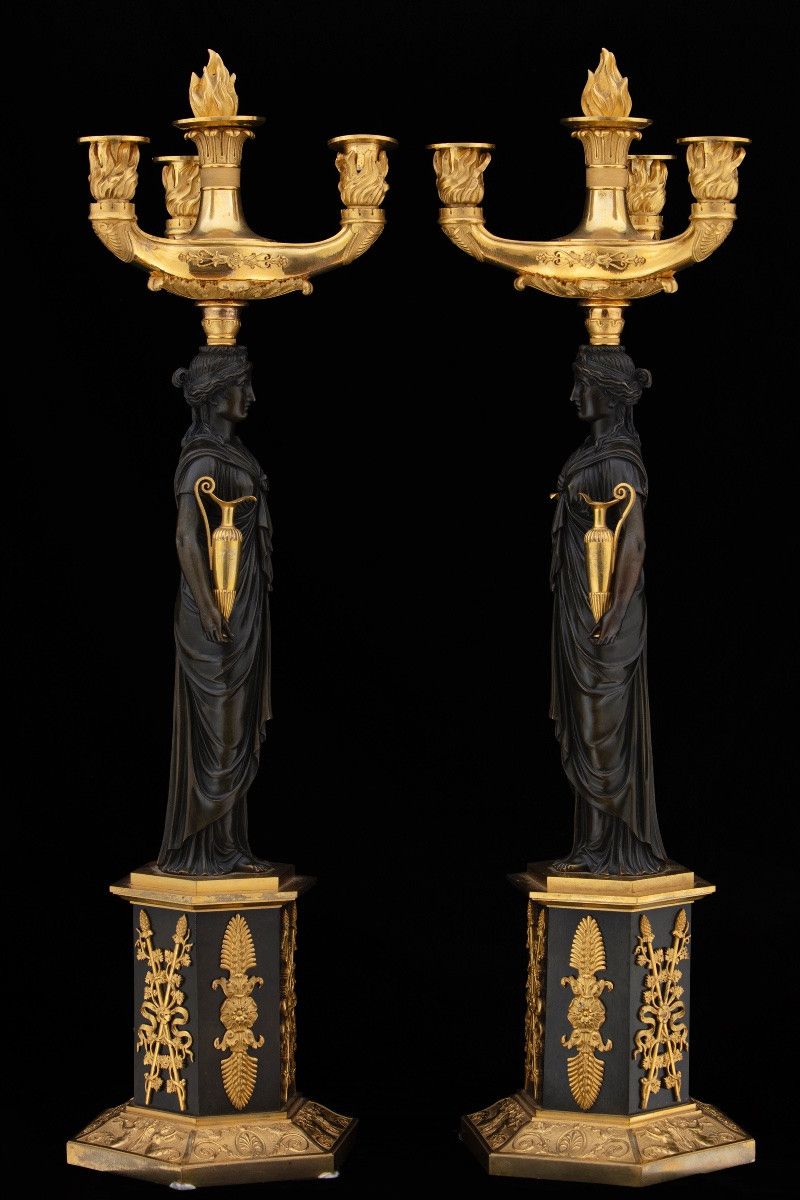 Coppia di candelabri Impero in bronzo brunito e dorato al mercurio, prima metà del XIX secolo.-photo-2