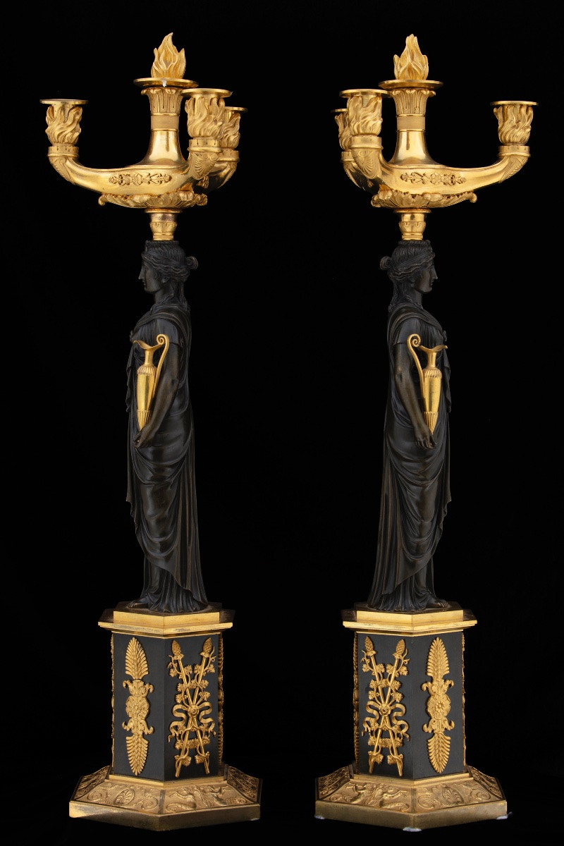 Coppia di candelabri Impero in bronzo brunito e dorato al mercurio, prima metà del XIX secolo.-photo-4