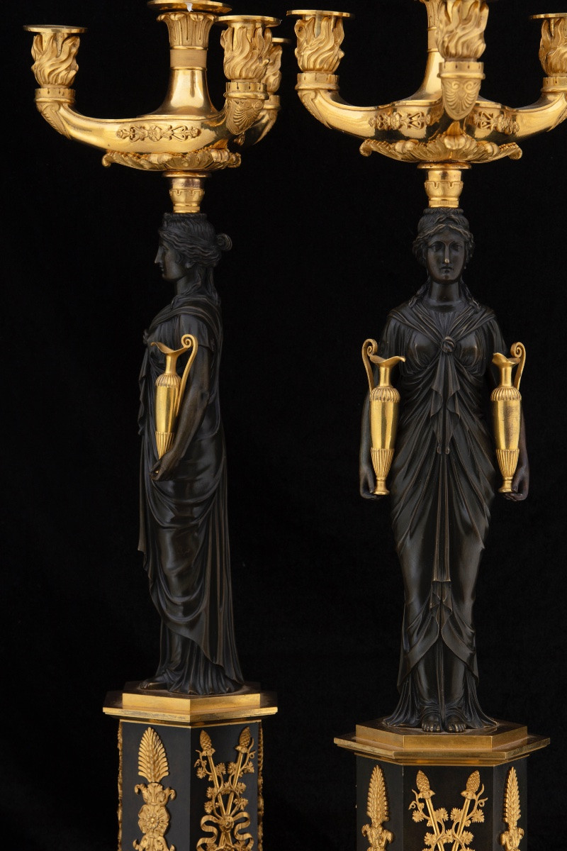Coppia di candelabri Impero in bronzo brunito e dorato al mercurio, prima metà del XIX secolo.-photo-1
