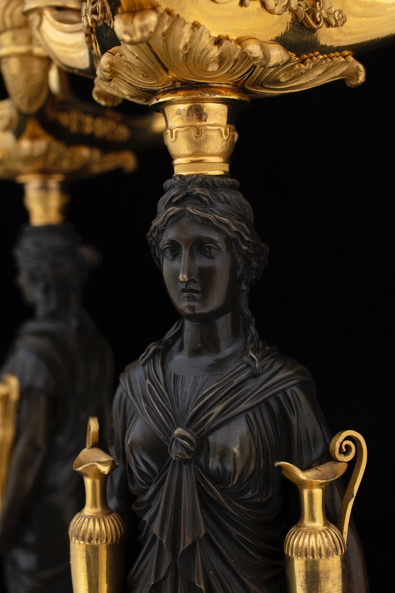 Coppia di candelabri Impero in bronzo brunito e dorato al mercurio, prima metà del XIX secolo.-photo-2