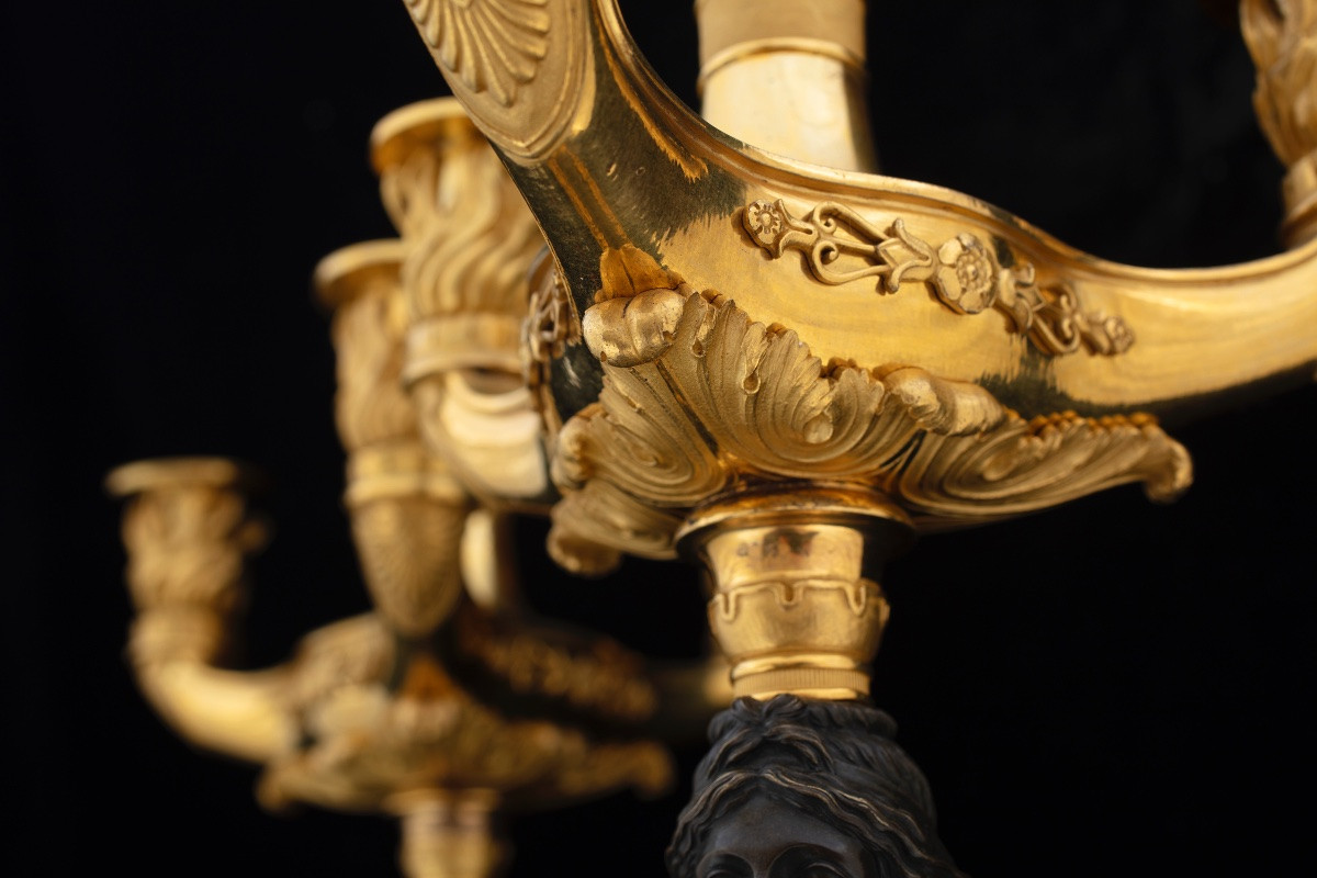 Coppia di candelabri Impero in bronzo brunito e dorato al mercurio, prima metà del XIX secolo.-photo-5