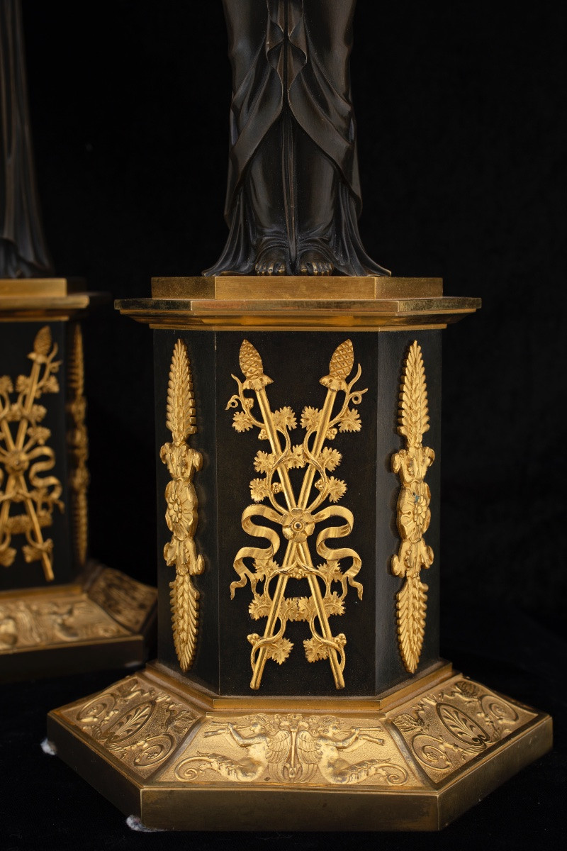 Coppia di candelabri Impero in bronzo brunito e dorato al mercurio, prima metà del XIX secolo.-photo-6