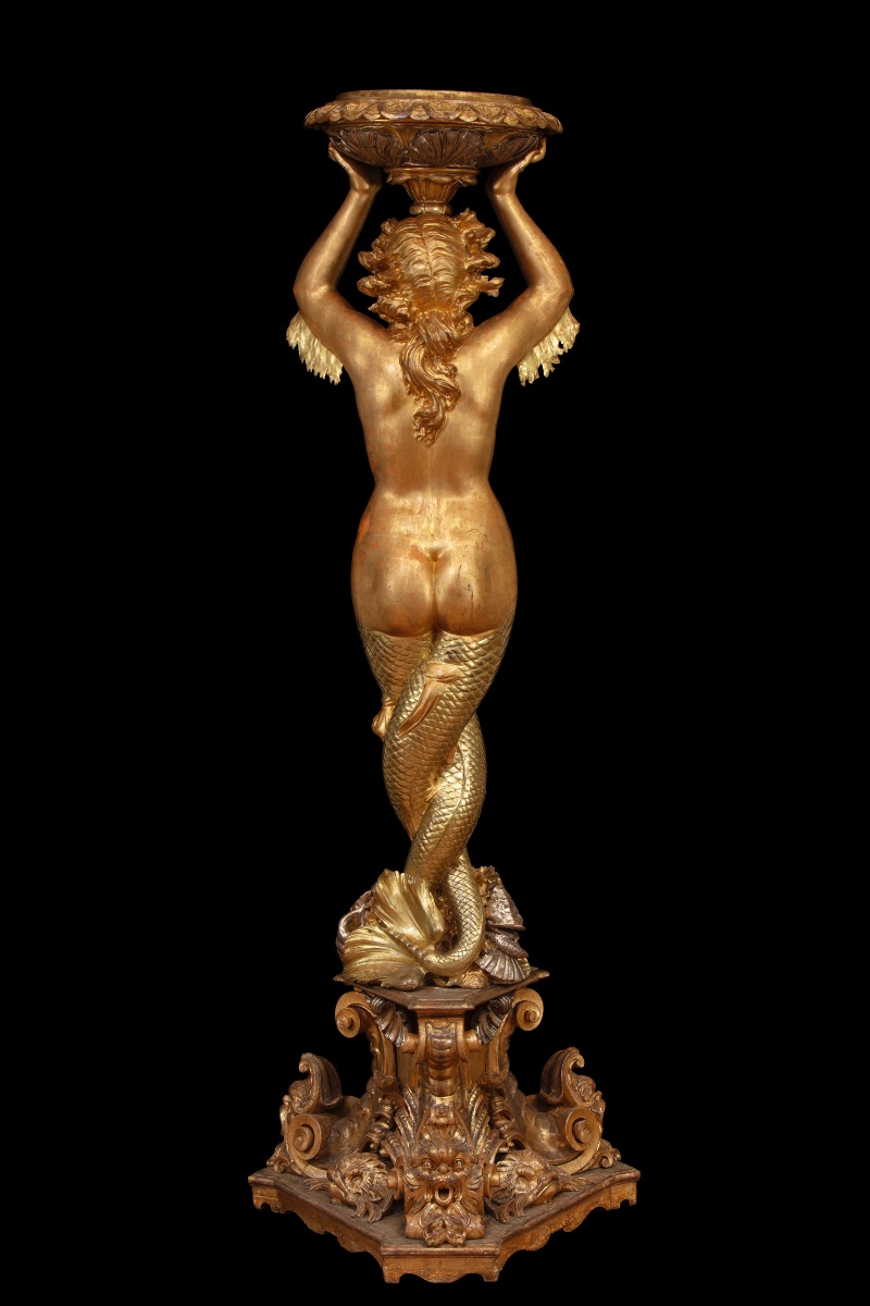 Grande scultura in legno intagliato e dorato raffigurante sirena reggivaso-photo-4