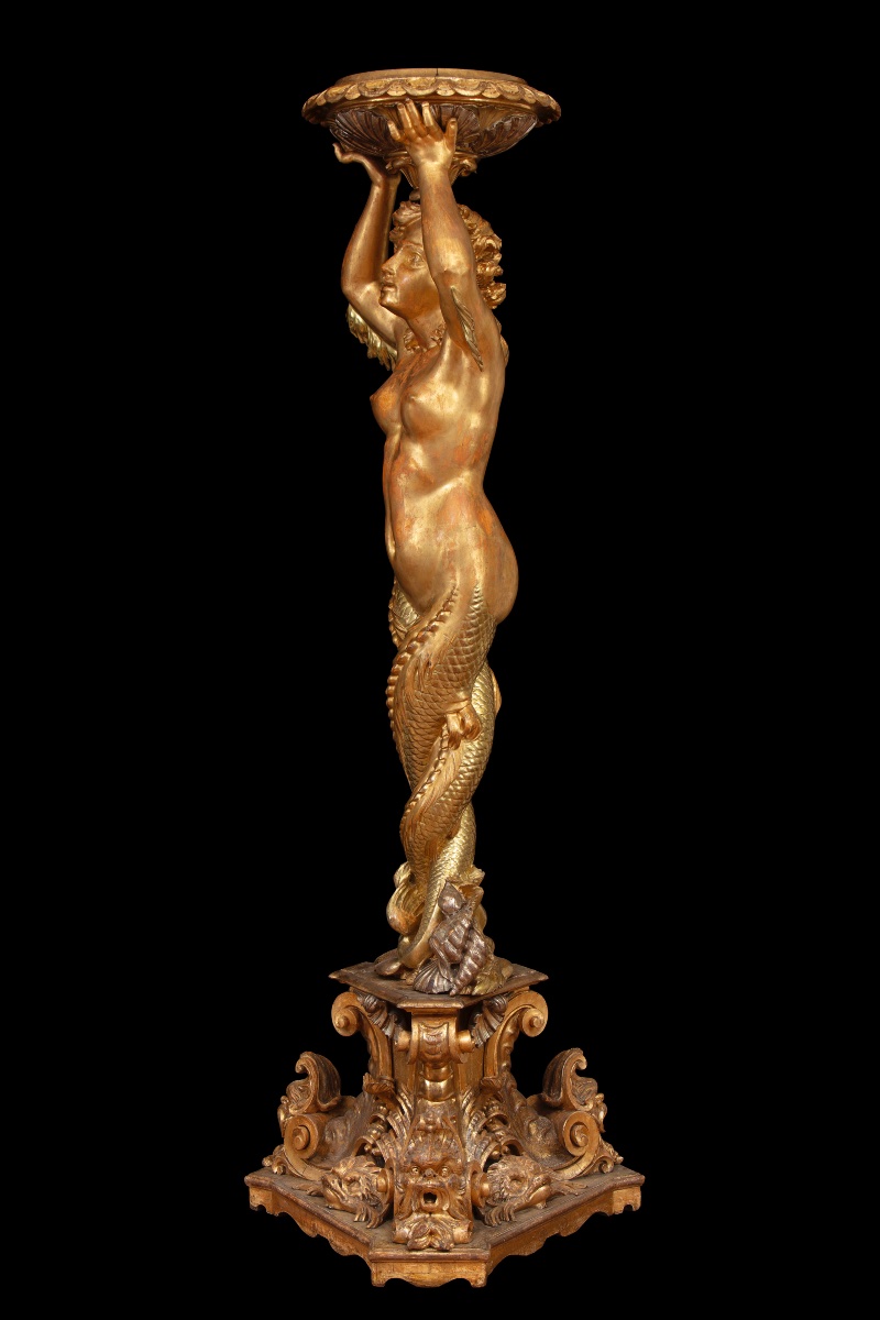 Grande scultura in legno intagliato e dorato raffigurante sirena reggivaso-photo-1