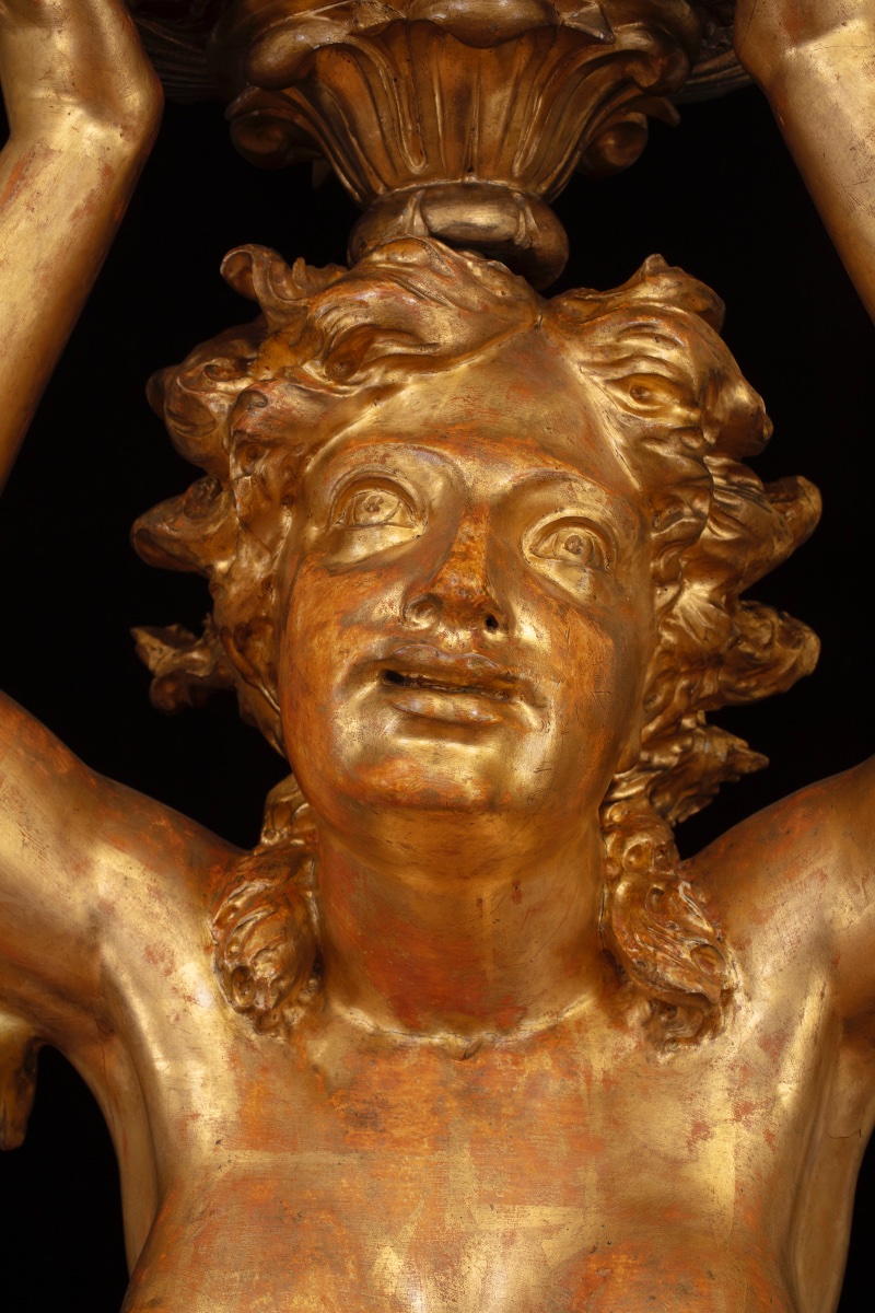 Grande scultura in legno intagliato e dorato raffigurante sirena reggivaso-photo-2
