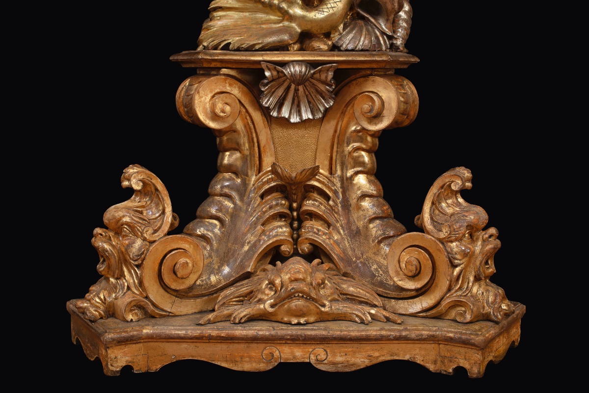 Grande scultura in legno intagliato e dorato raffigurante sirena reggivaso-photo-3