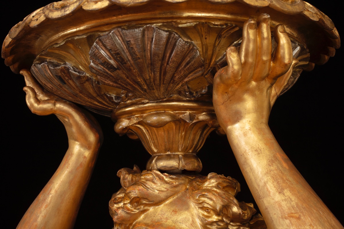Grande scultura in legno intagliato e dorato raffigurante sirena reggivaso-photo-7