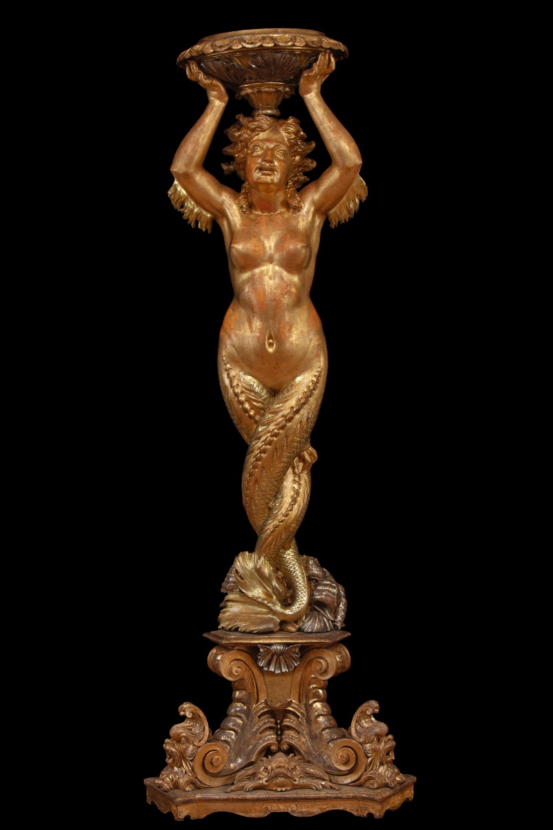 Grande scultura in legno intagliato e dorato raffigurante sirena reggivaso