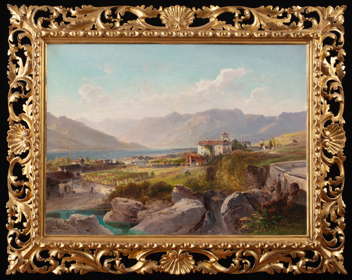 Coppia di dipinti di Ferdinand Feldhütter (1842-1898) raffiguranti paesaggi montani-photo-2