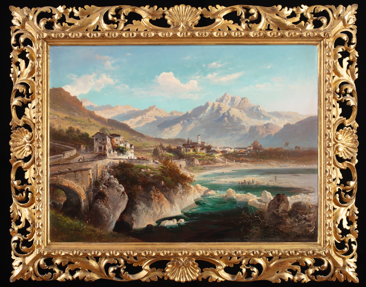 Coppia di dipinti di Ferdinand Feldhütter (1842-1898) raffiguranti paesaggi montani