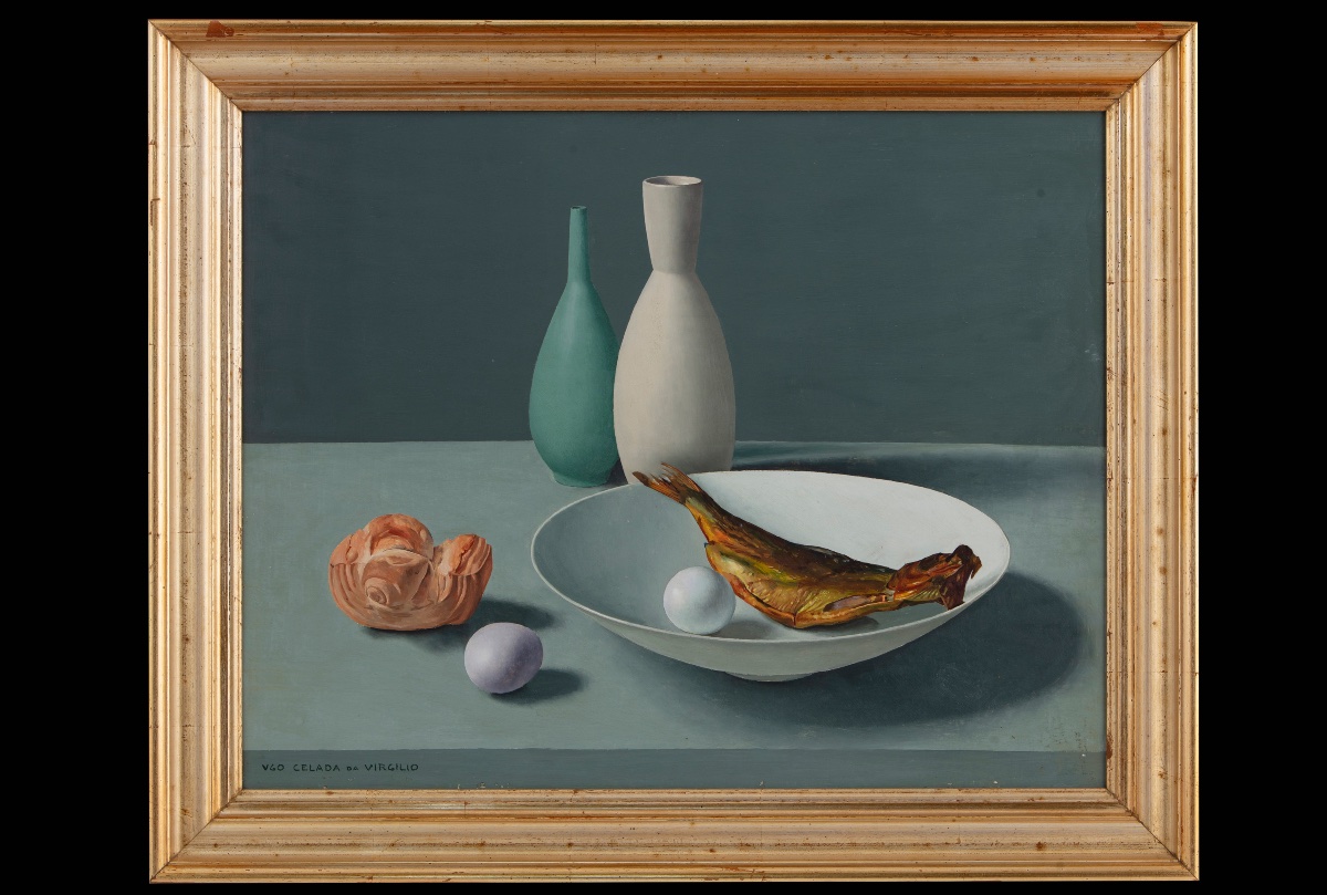 Ugo Celada da Virgilio (1895 – 1995), Composizione con bottiglie, pesce e uova, Anni Cinquanta