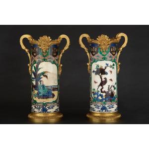 Coppia di vasi cilindrici in porcellana di Cina famiglia Verde