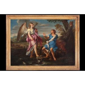 Grande dipinto olio su tela di Marco Benefial (Roma 1684-1764) raffigurante "Tobiolo e l'angelo