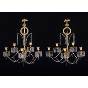 Coppia di importanti Appliques in bronzo dorato e cristallo, Francia, 1805 circa