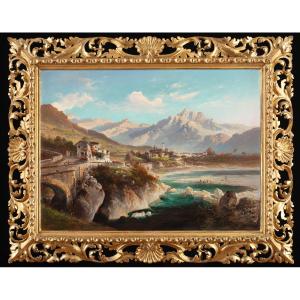 Coppia di dipinti di Ferdinand Feldhütter (1842-1898) raffiguranti paesaggi montani