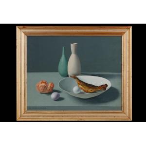 Ugo Celada da Virgilio (1895 – 1995), Composizione con bottiglie, pesce e uova, Anni Cinquanta