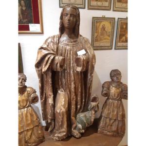 Large Statue Of Saint Margueritte Wood Polychrome 18th Century (with Her Dragon)