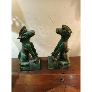 China Late Ming Dynasty, Pair Of Ridge Tiles Decorated With Fantastic Animals