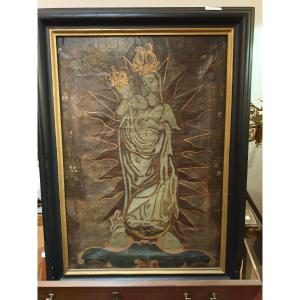 Oil On Leather Representing The Virgin And Child