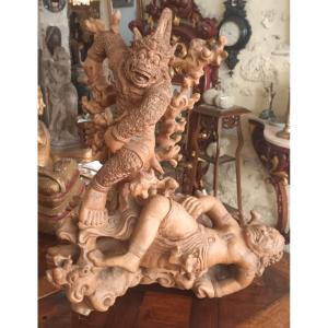 Bali, Dvarapala, Large Temple Guardian Statue Carved In A Tree Root