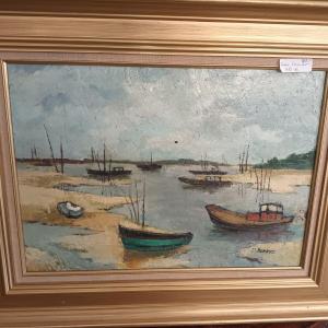 Oil Painting On Wood "arcachon Basin" Signed M. Renaud