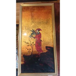 Michel Zeller Lacquer Fixed Under Glass And 22 Carat Gold Leaf "the Falconer"
