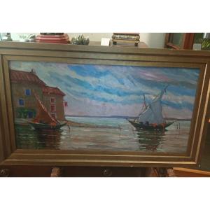 Charles Vollard, Oil On Hardboard "fishing Boats In Martigues"