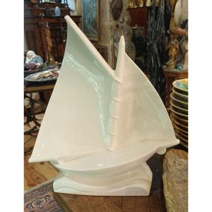 Large Sailboat In Cracked Earthenware, Art Deco Circa 1930, Signed Lejan