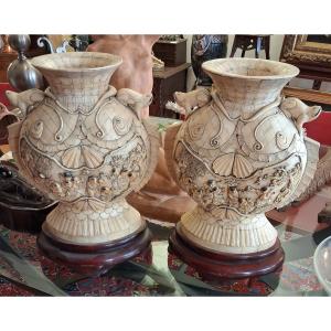 China, Large Pair Of Early 20th-century Bone Wedding Vases