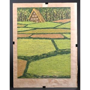 Fumino Foujita, Landscape With Rice Paddies, Signed And Numbered Lithograph