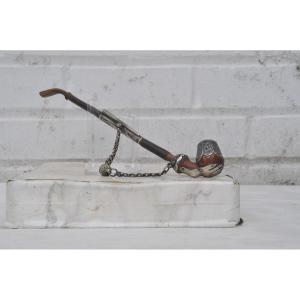 Pipe En Argent Niellé Et Bois, Travail Russe XIX' Siècle.