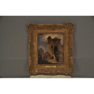 Town Corner With Woman Praying Signed François Bossuet