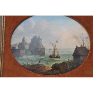 Dutch School 17th Century Sailing Ship Laying Down Barrels In Front Of A Town In Zeeland