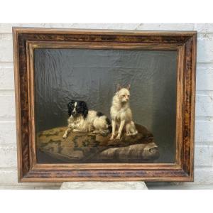 Two Dogs Resting On A Cushion, Oil On Canvas, Monogrammed Ew 
