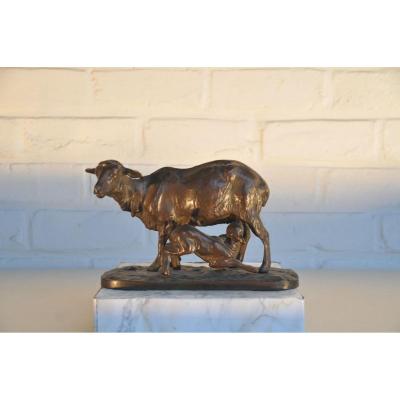 Fine Bronze Group Of A Goat And Her Young. By P J Mene (1810-1879).