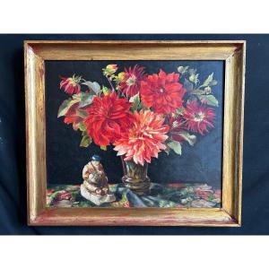 Oil On Canvas Representing A Bouquet Of Red Dahlias