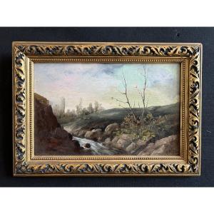 Oil On Cardboard Representing A Landscape