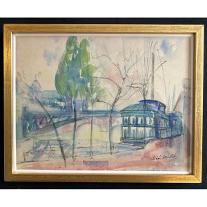 Watercolor On Paper Depicting A Wash Boat On The Seine Signed By élisée Maclet