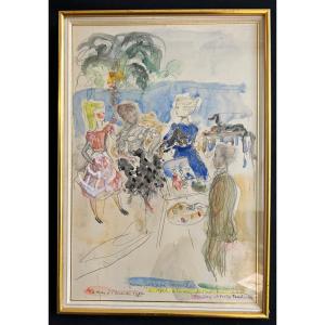 Watercolor And Pencil On Paper Representing The Painter And His Models Signed By Terechkovitch