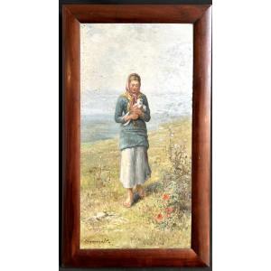 Oil On Panel "young Woman Holding A Bird In Her Arms" By Furcy De Lavault