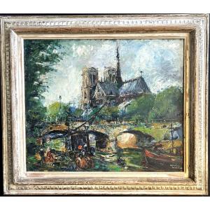 Oil On Hardboard "notre Dame De Paris And The Banks Of The Seine" Signed André Maillard
