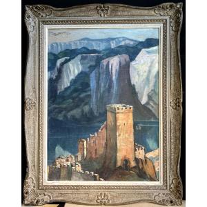Oil On Panel Depicting A Fortified Town In The Mountains Signed P. Germy