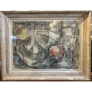Gouache On Embossed Paper "abstract Composition" Signed L. Sala