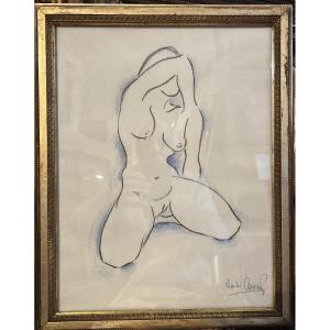 Pencil And Pastel Drawing “kneeling Nude” Signed André Cahours