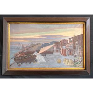 Oil On Canvas "boats On The Shore"